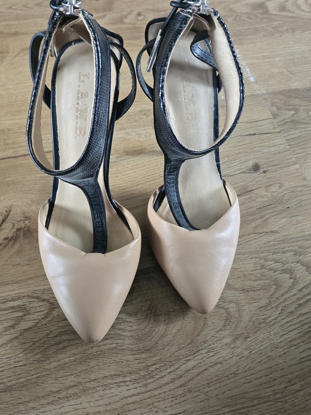 L.A.M.B. Two-Tone Pointed Toe Ankle Strap Pumps - Nude and Black